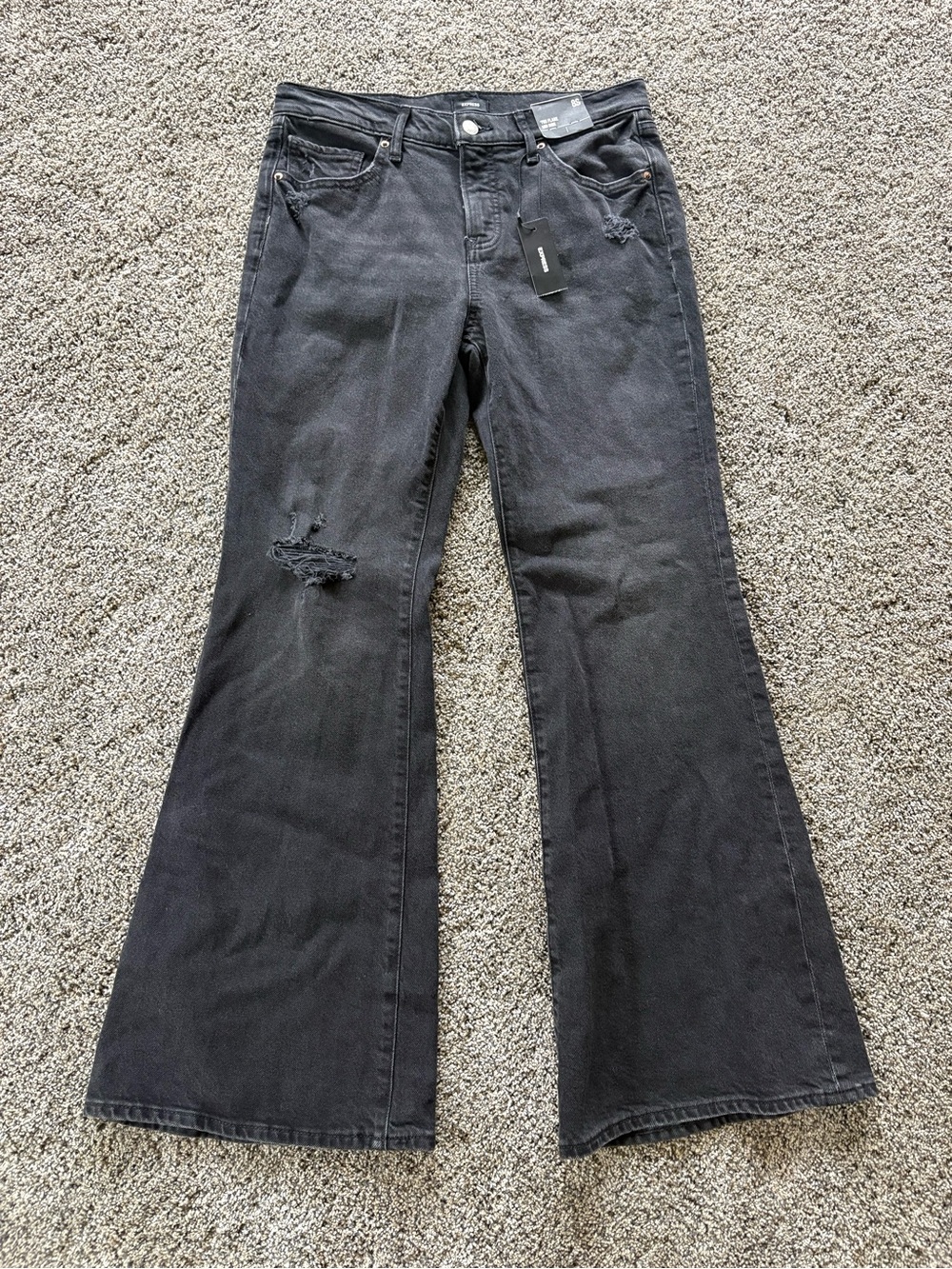 Express ‘70s Flare Jeans Mid Rise Black Distressed Stretch Womens Size 8S NWT
